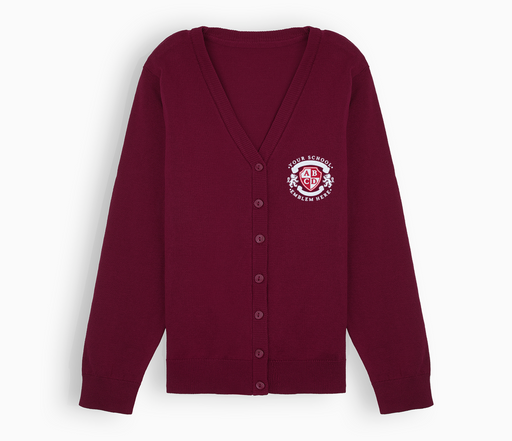 Lightweight Straight Edge Cardigan - Burgundy with school logo, ribbed trims, hem, and cuffs, button-through fastenings, showcasing durable cotton fabric.