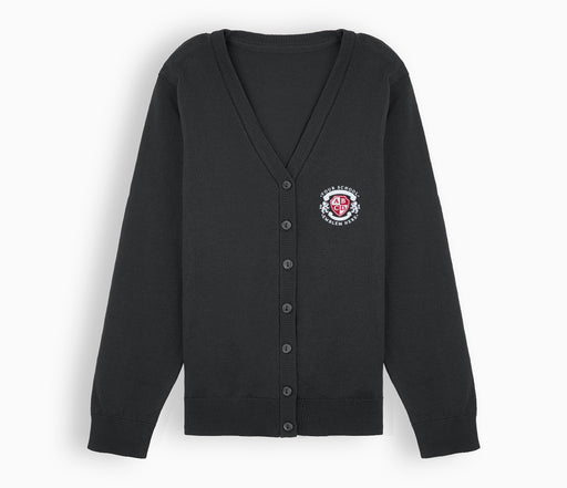 Lightweight Straight Edge Cardigan - Grey, featuring a school logo, ribbed trims, and button-through fastenings, designed for comfort and durability.