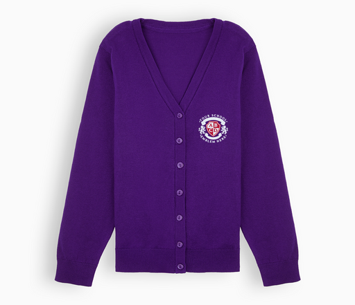 Lightweight Straight Edge Cardigan - Purple, featuring a v-neck, button-through front, and embroidered school logo, crafted from cotton with ribbed trims and cuffs.