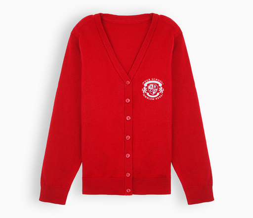 Lightweight Straight Edge Cardigan - Red, featuring a v-neck and embroidered school emblem, made from cotton with ribbed trims and button-through fastening.
