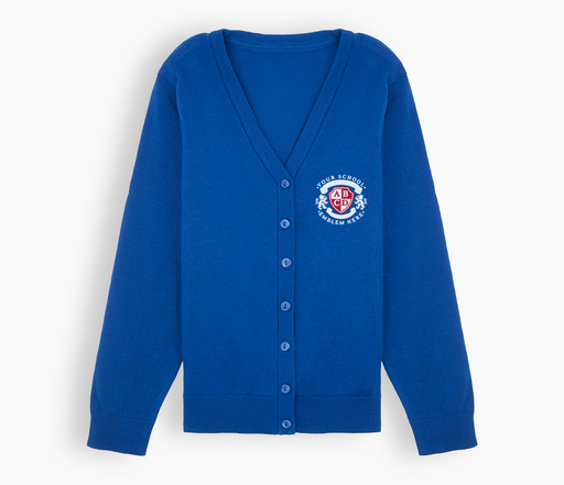 Lightweight Straight Edge Cardigan - Royal Blue featuring a v-neck, button-through front, ribbed trims, and an embroidered school logo.
