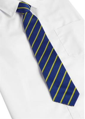St Winefride’s Catholic RC Primary School Clip-on Tie, featuring a blue and yellow striped pattern, shown on a white dress shirt.