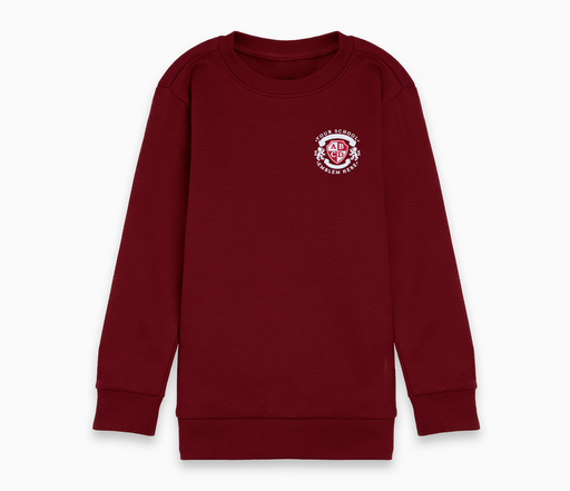 Round Neck Sweatshirt - Claret, featuring a logo on the front. Long-sleeved, school-approved design for comfort and durability, embroidered to order.