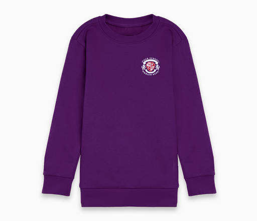 Round Neck Sweatshirt - Purple featuring a logo, long sleeves, and school-approved design for color and embroidery, made of durable cotton for comfort.
