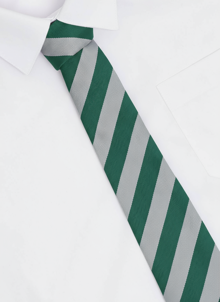 Smawthorne Henry Moore Academy Clip-on Tie shown on a white dress shirt, featuring diagonal stripes.