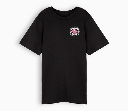 Black crew neck t-shirt featuring an embroidered logo, short sleeves, and breathable cotton fabric. Ideal for school, offering comfort and easy maintenance.