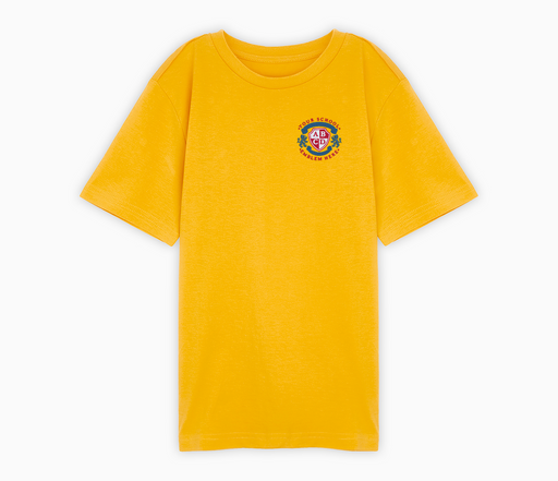 Yellow Gold T-Shirt with a crew neck and short sleeves, featuring an embroidered logo, ideal for schoolwear. Made from breathable cotton for comfort.