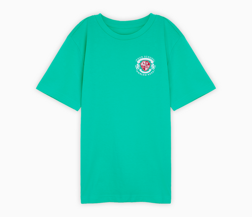Jade Green crew neck t-shirt with short sleeves and a logo, made from breathable cotton, suitable for school wear and machine washable.