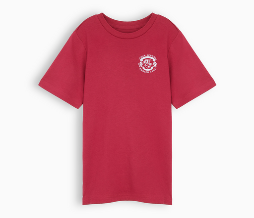 Red T-Shirt - Crew neck with logo, short sleeves, and breathable cotton fabric. Ideal for school, approved embroidery, machine washable for convenience.