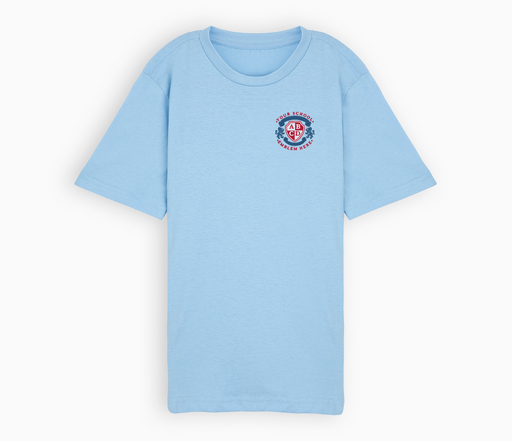 Sky Blue T-Shirt featuring a logo, short sleeves, and crew neck design, made from breathable cotton for comfortable school wear. Machine washable.