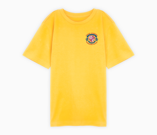 Yellow crew neck t-shirt featuring a logo, short sleeves, ideal for school, made from breathable cotton for comfort.