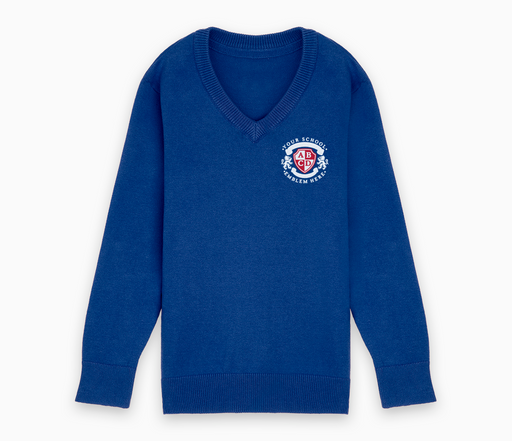 Lightweight V-Neck Cotton Jumper - Bright Royal Blue, featuring an embroidered logo, long sleeves, ribbed edges, and a comfortable fit for school wear.