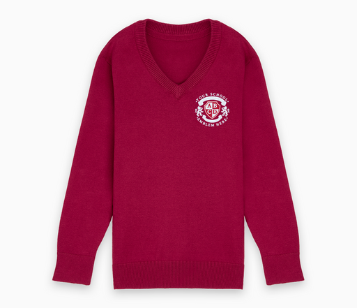 Lightweight V-Neck Cotton Jumper - Burgundy featuring a logo, long sleeves, and nylon trim on neck, cuffs, and waistband. Designed for school comfort and durability.
