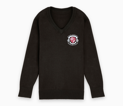 Lightweight V-Neck Cotton Jumper - Dark Grey with logo, long sleeves; suitable for school, features nylon in neck, cuffs, waistband.
