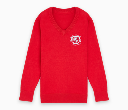 Lightweight V-Neck Cotton Jumper - Red with long sleeves and embroidered logo, designed for durability and comfort, featuring nylon in the neck, cuffs, and waistband.