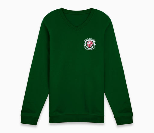V-Neck Sweatshirt - Bottle Green featuring long sleeves and an embroidered school logo, designed for comfort and durability in school-approved colors.