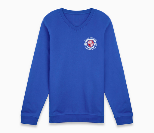 V-Neck Sweatshirt - Bright Royal Blue featuring embroidered logo, long sleeves, designed for school comfort and durability.