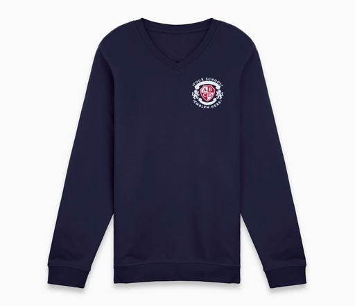 V-Neck Sweatshirt - Navy Blue featuring long sleeves and a school-approved embroidered logo, designed for comfort and durability.