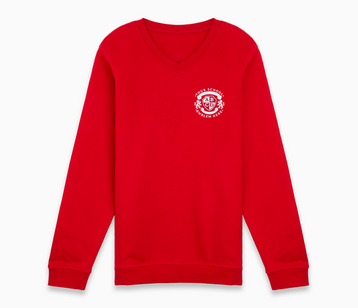 Red V-Neck Sweatshirt featuring a logo, long sleeves, and designed for durability and comfort, suitable for schoolwear with approved embroidery.