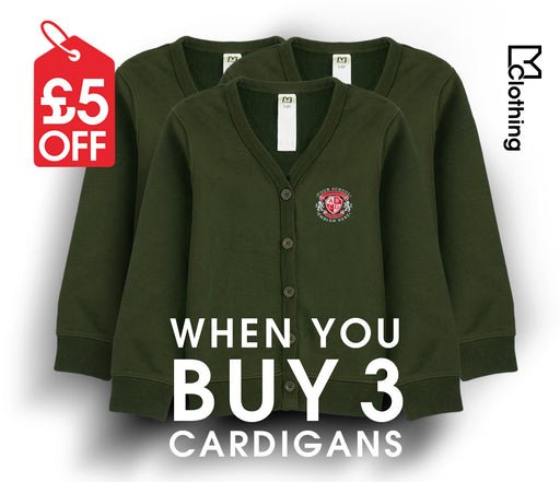 3 Pack - Jersey Cardigan - Bottle Green featuring long sleeves and white text, ideal for school with durable, color-retaining fabric, and embroidered logos.