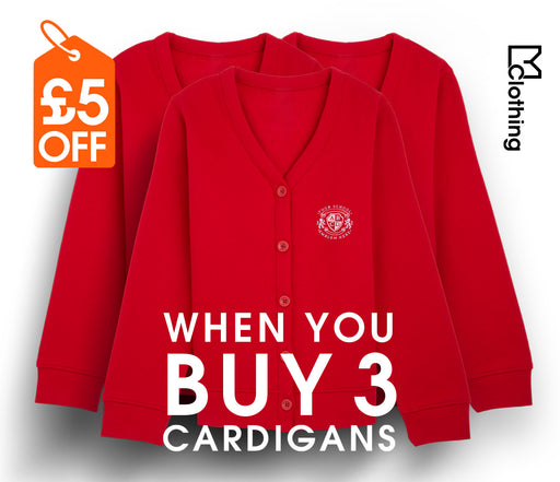 3 Pack - Jersey Cardigan - Red with price tag, showing long sleeves and school-approved embroidered design, part of a value bundle for school wear.