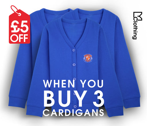 3 Pack - Jersey Cardigan - Royal Blue featuring a visible logo and a red price tag, designed for comfort and durability, perfect for school use.