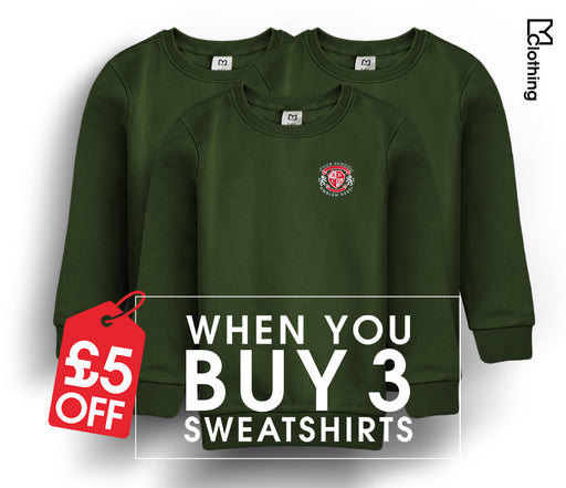 3 Pack - Round Neck Sweatshirt - Bottle Green, featuring school-approved design, visible white logo, and red price tag, highlighting high-quality cotton fabric in a bundle.