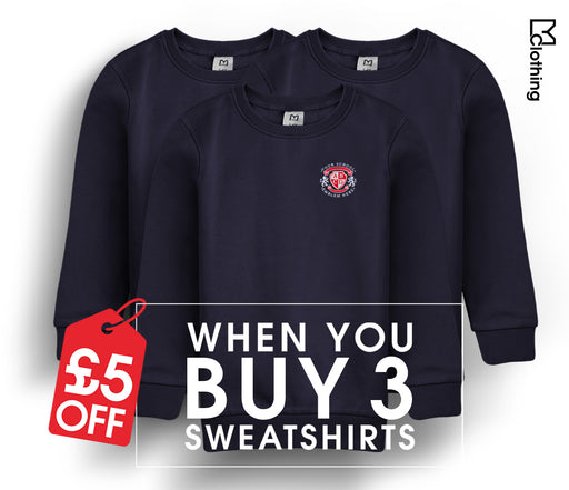 3 Pack - Round Neck Sweatshirt - Navy, featuring blue sweatshirts with red price tags, designed for school wear with long sleeves and embroidered logos.