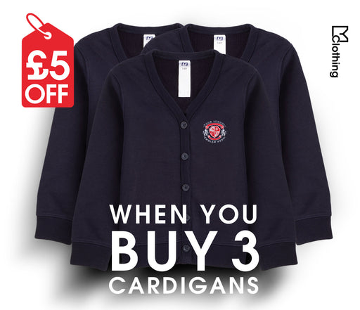 3 Pack - Jersey Cardigan - Navy, featuring long sleeves and quality design, displayed with a price tag, suitable for school wear and stress-free washing.