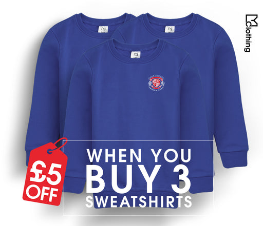 3 Pack - Round Neck Sweatshirt - Royal Blue, featuring embroidered school-approved design, visible price tag, and long sleeves for comfort and durability.