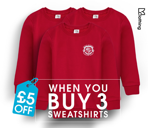 3 Pack - Round Neck Sweatshirt - Red, featuring a group of red sweatshirts with a visible blue price tag, designed for durability and school use.