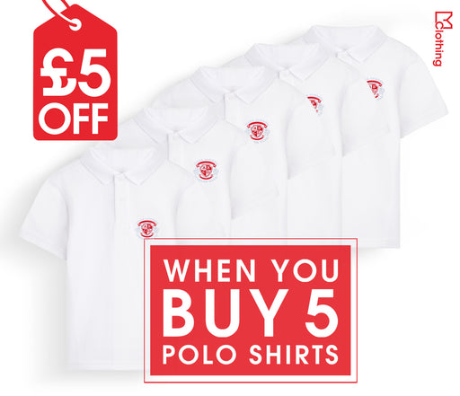 5 Pack - Polo Shirt - White, featuring durable, stain-repellent cotton, approved for school use with customizable embroidery, showcased with a red price tag.