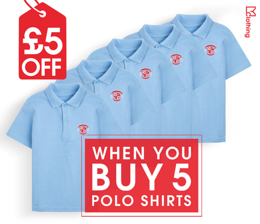 5 Pack - Polo Shirt - Sky Blue: Set of durable, stain-repellent polo shirts, 100% cotton, embroidered to order, ideal for school wear.