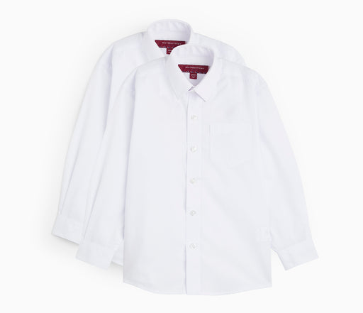 Close-up of Boys Shirt - Long Sleeved - Twin Pack - White, featuring elastication on collar and cuffs, with red labels indicating high yarn count for enhanced fabric performance.