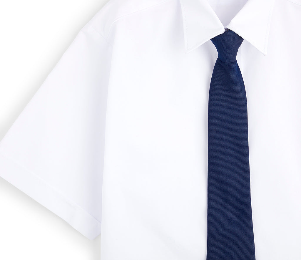 Wheatfield Primary School Clip-on Tie displayed on a white shirt, showcasing the tie's design and easy attachment feature.