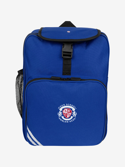 Junior Backpack - Royal Blue with logo, detachable pencil case, mesh water bottle pocket, reflective strips, padded shoulder straps, and protective rubber feet.