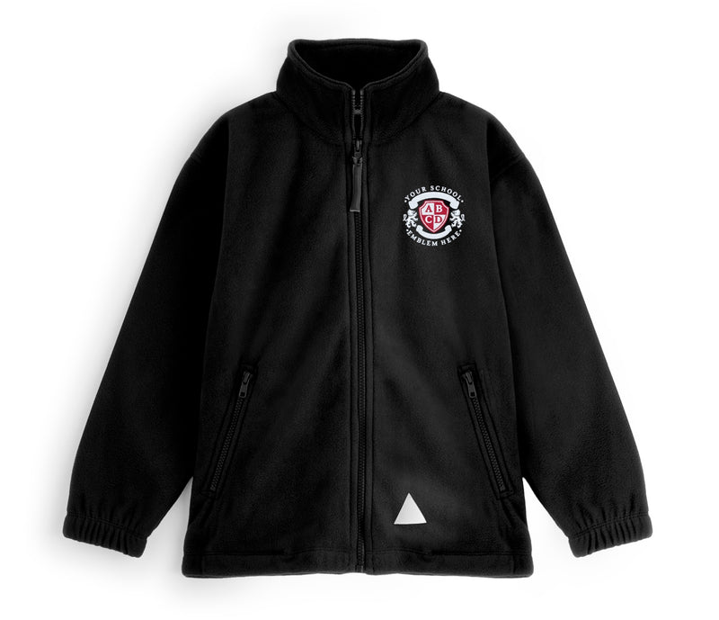 Zeco Polar Fleece - Black jacket with a full-zip front, stand-up collar, zip pockets, elastic cuffs, and a reflective detail. Emblem reads “ABCD” on the chest.