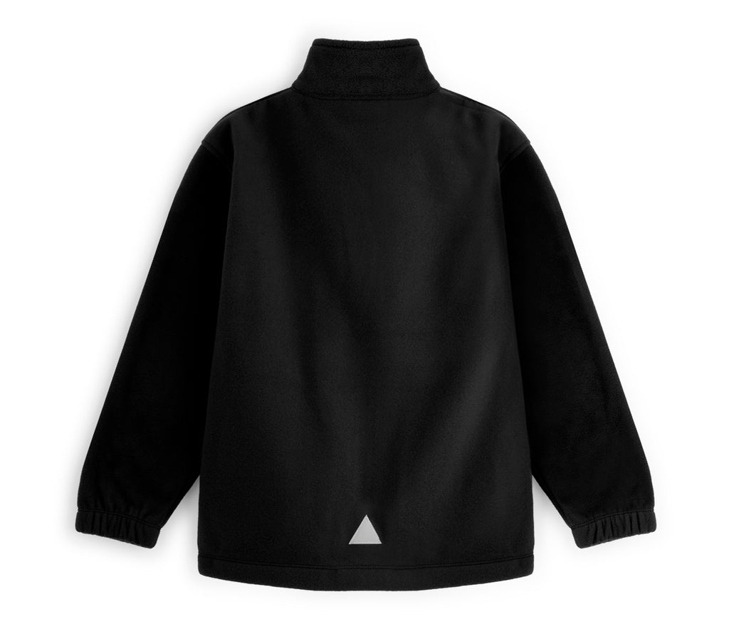 Back view of Zeco Polar Fleece - Black, featuring a stand-up collar, elasticated cuffs, extended hem, and a triangular reflective detail near the bottom.