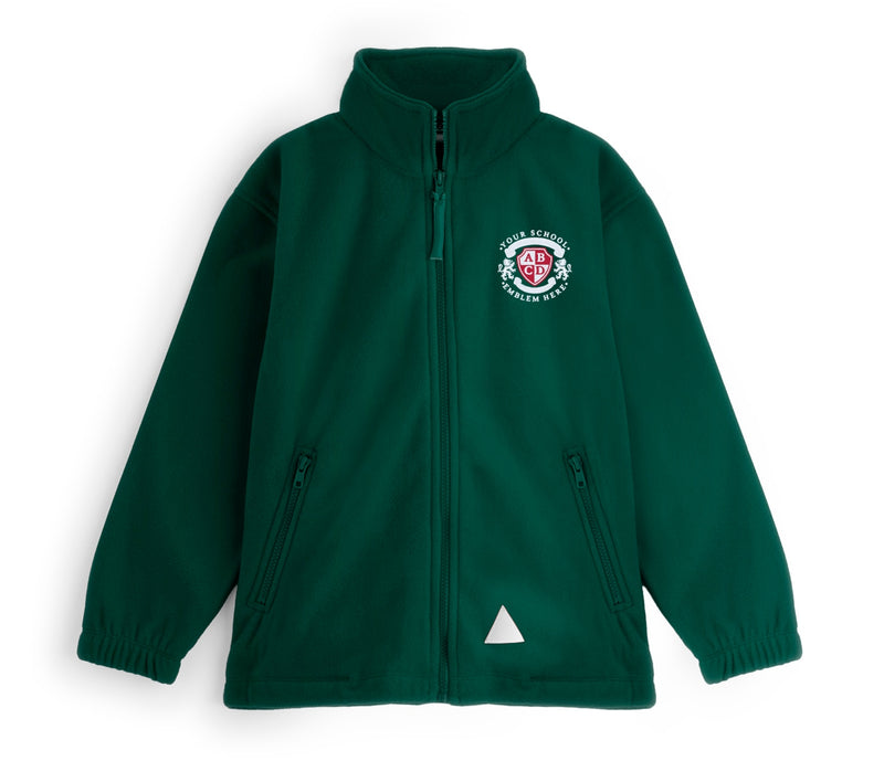 Zeco Polar Fleece - Bottle Green youth-sized jacket with high collar, full zipper, zip pockets, elastic cuffs, and reflective detail; features a mock school crest.