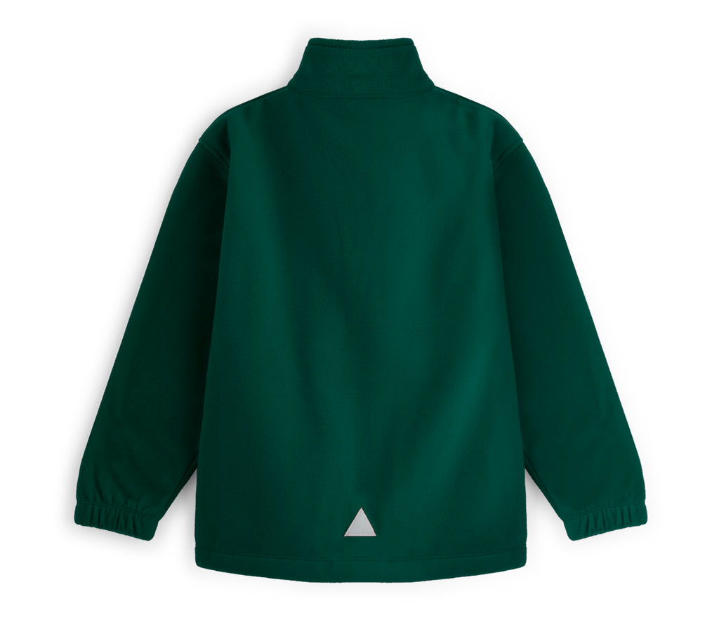 Zeco Polar Fleece - Bottle Green: Back view of a long-sleeve fleece jacket with a stand-up collar, elasticized cuffs, and reflective triangle detail near the hem.