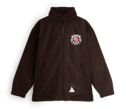 Zeco Polar Fleece - Brown jacket with full-zip, stand-up collar, two zip pockets, elasticized cuffs and hem, reflective accents, and a placeholder school crest.