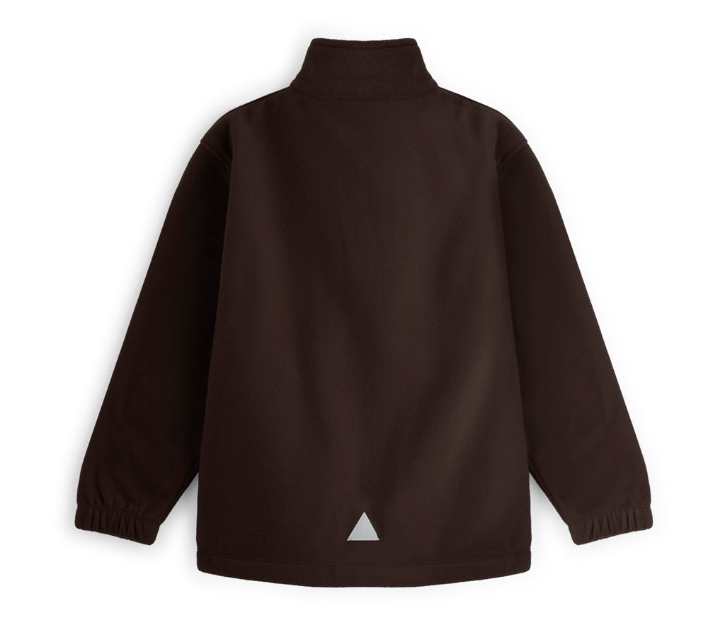 Zeco Polar Fleece - Brown: Back view of mock-neck jacket with raglan sleeves, elastic cuffs, straight hem, and reflective logo tab at center lower back.