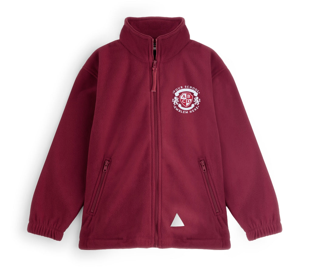 Zeco Polar Fleece - Burgundy: Children's full-zip fleece jacket with stand-up collar, zip pockets, elastic cuffs, reflective patch, and embroidered school crest on left chest.