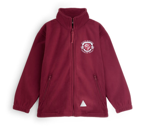 Zeco Polar Fleece - Burgundy: Children's full-zip fleece jacket with stand-up collar, zip pockets, elastic cuffs, reflective patch, and embroidered school crest on left chest.