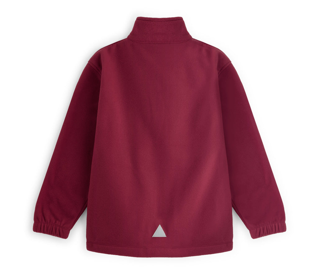 Zeco Polar Fleece - Burgundy, featuring a stand-up collar, elasticized cuffs, full zip, and a reflective patch on the back.