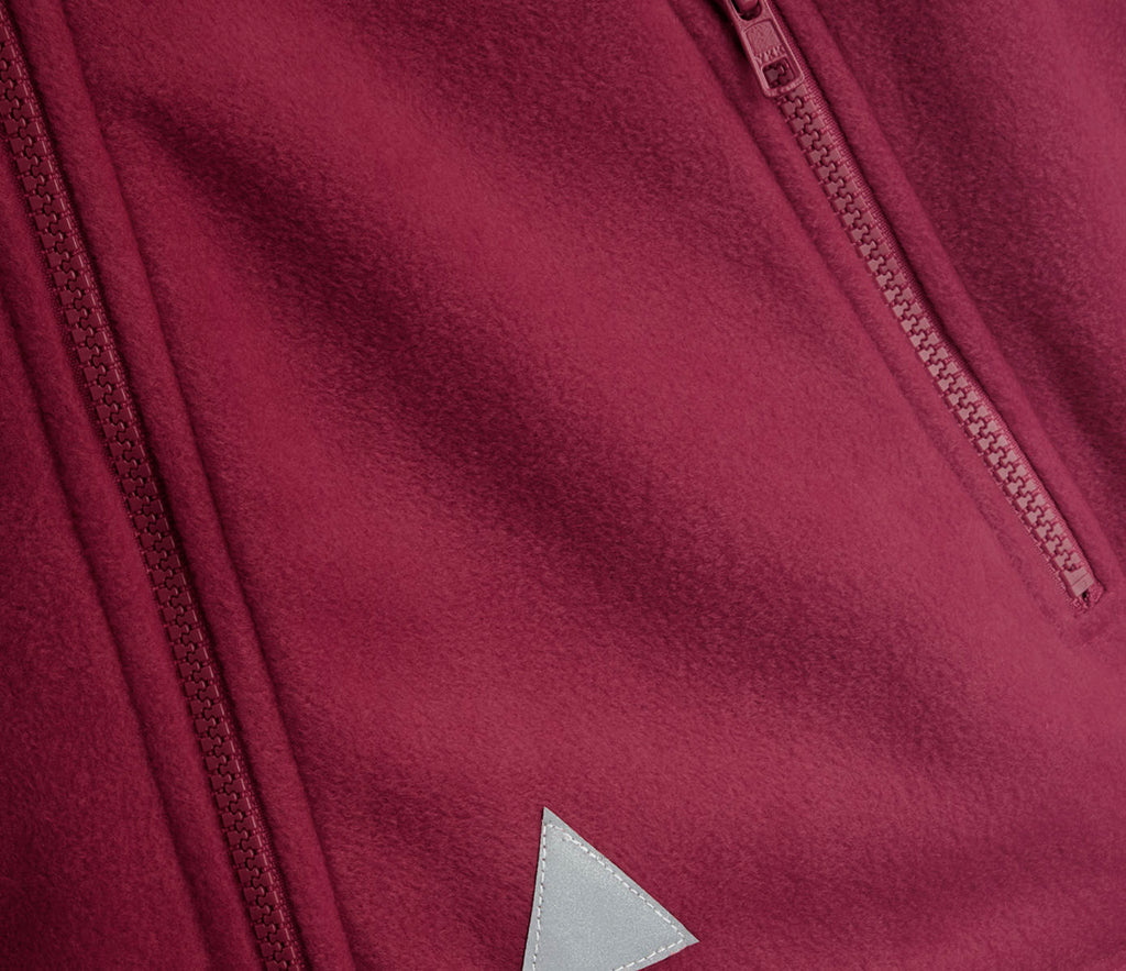 Zeco Polar Fleece - Burgundy, featuring two zip pockets, a triangular patch, YKK zips, elasticated cuffs, and full zip fastening, all in heavyweight anti-pill fleece.