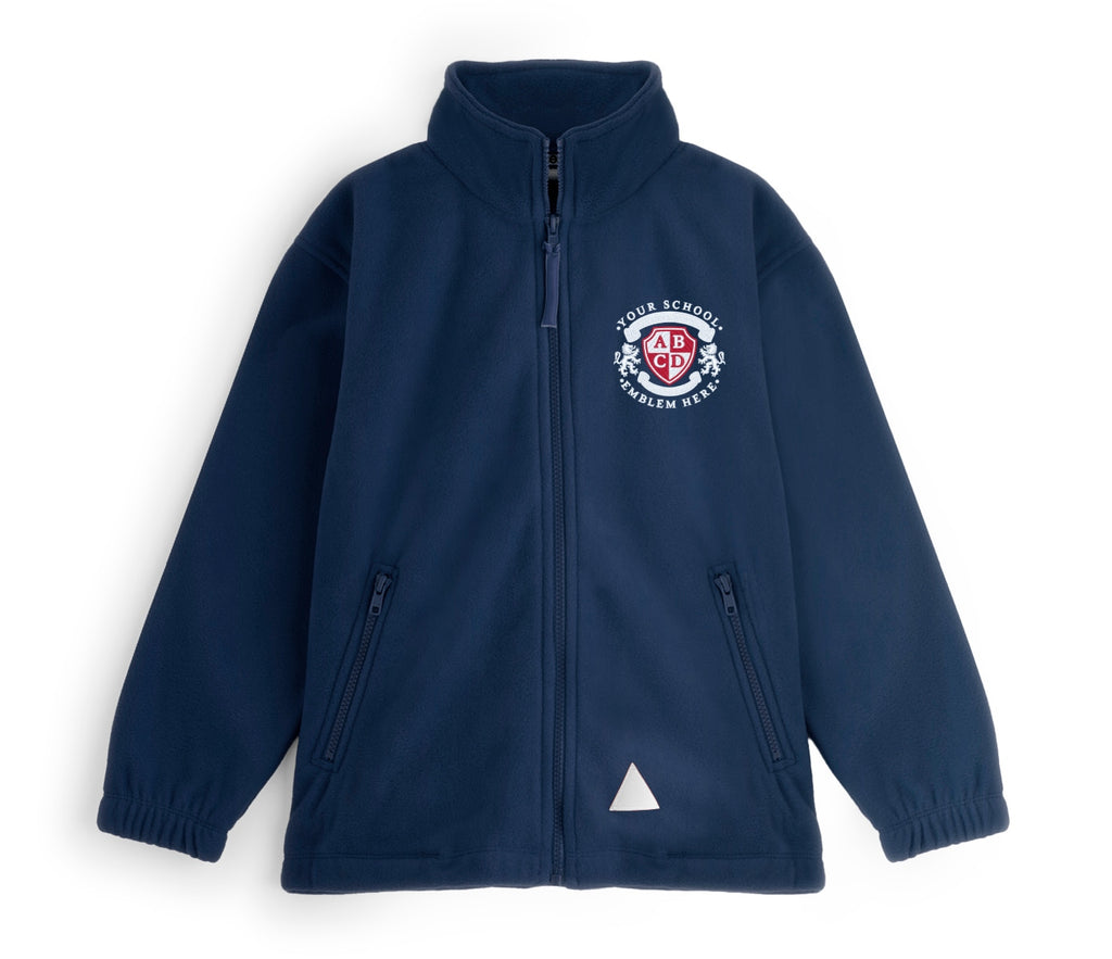Zeco Polar Fleece - Navy, featuring a stand-up collar, two-way YKK zipper, zippered hand pockets, elastic cuffs, and a reflective tab, with mock school crest.