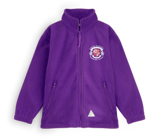 Zeco Polar Fleece - Purple jacket with crest emblem, full zip, stand-up collar, elastic cuffs, two zip pockets, and reflective patch near hem.