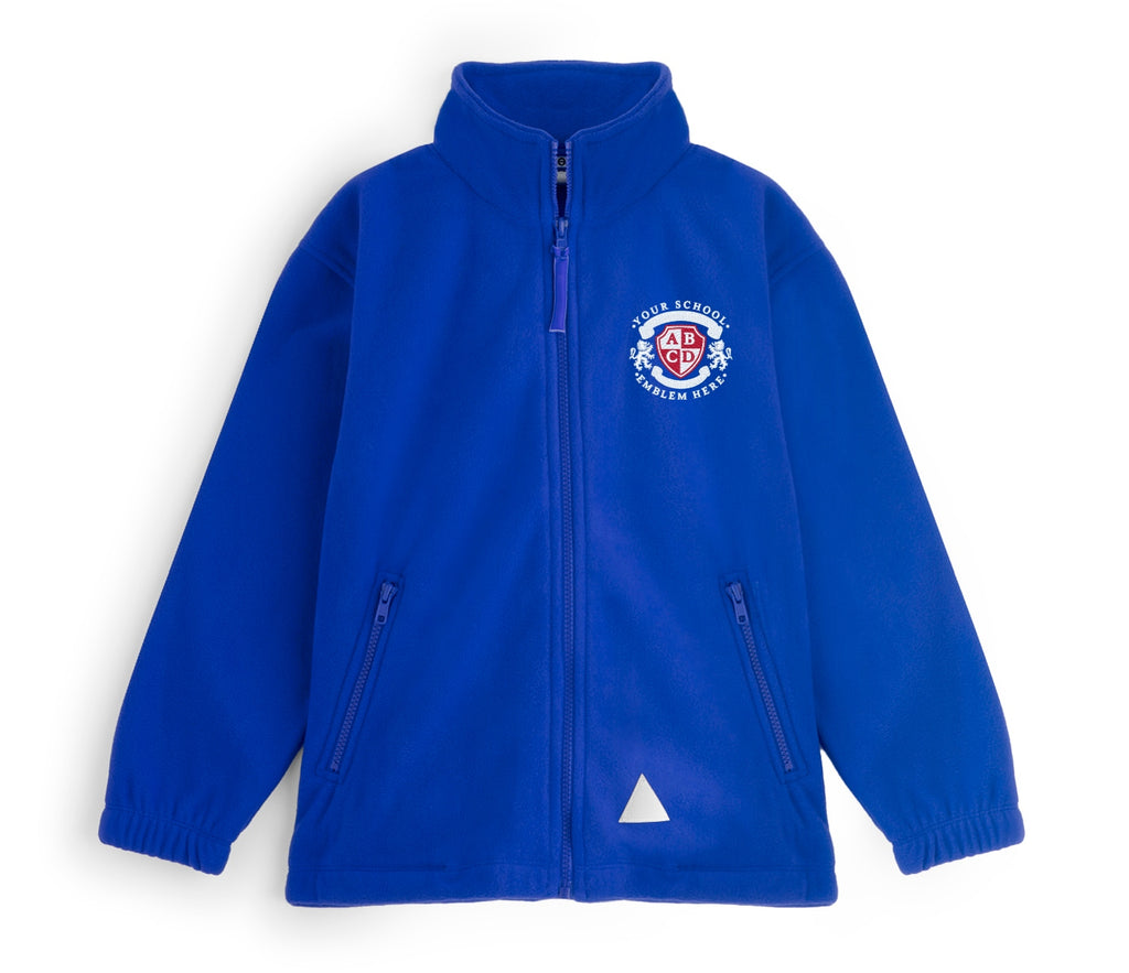 Zeco Polar Fleece - Royal Blue jacket with full zipper, two zip pockets, elasticated cuffs, school crest, and reflective detail near the hem.