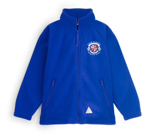 Zeco Polar Fleece - Royal Blue jacket with full zipper, two zip pockets, elasticated cuffs, school crest, and reflective detail near the hem.